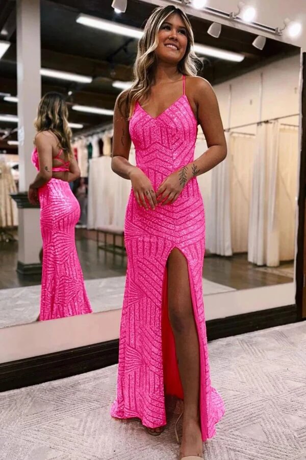 Vestidos de fiesta largos de lentejuelas brillantes con tirantes finos y abertura