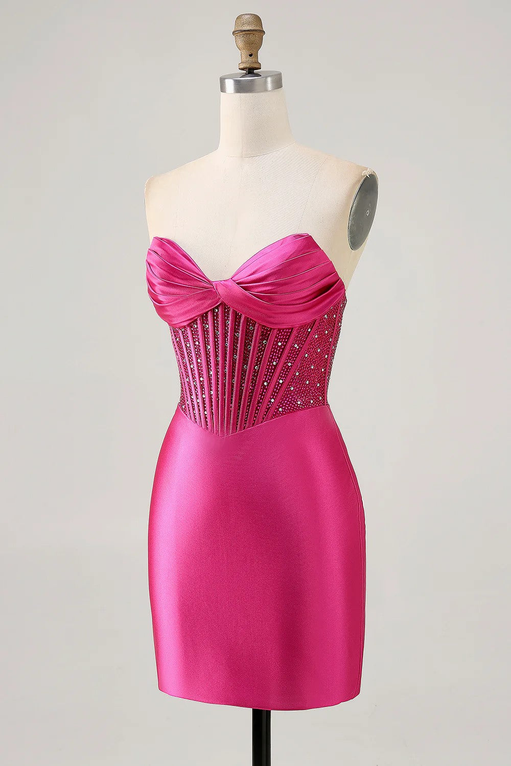 Funkelndes, trägerloses, fuchsiafarbenes, eng anliegendes kurzes Kleid mit Korsett-Set für den Abschlussball
