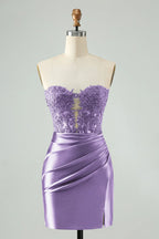 Vestido fucsia brillante de regreso a casa sin tirantes con apliques de cuentas