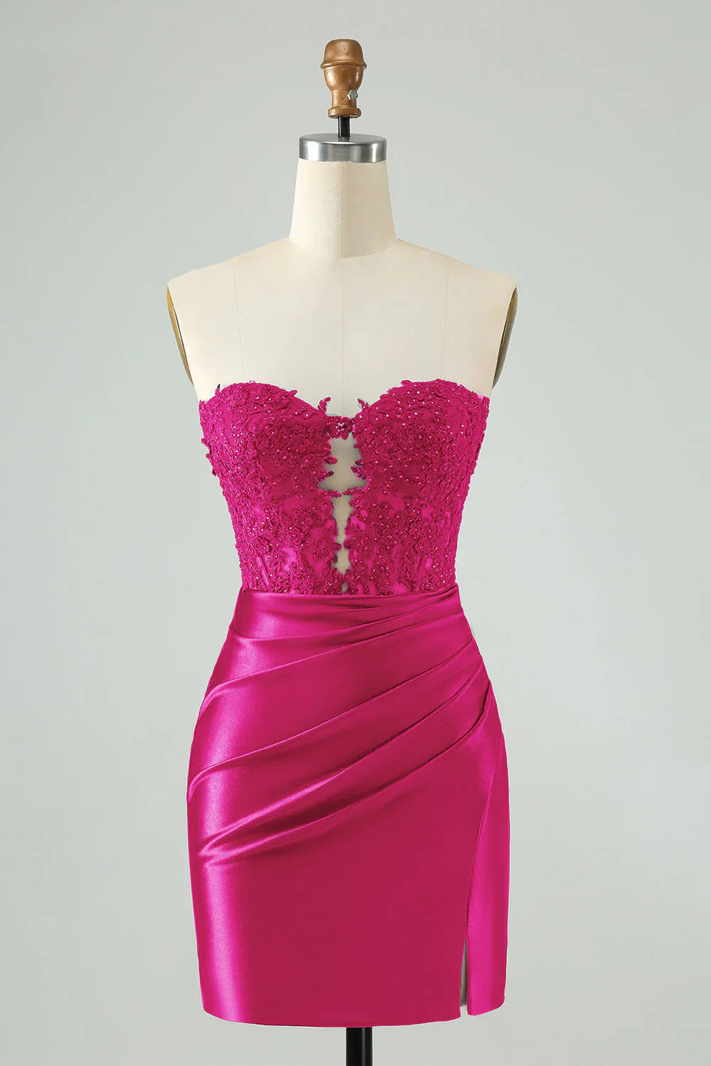 Vestido fucsia brillante de regreso a casa sin tirantes con apliques de cuentas