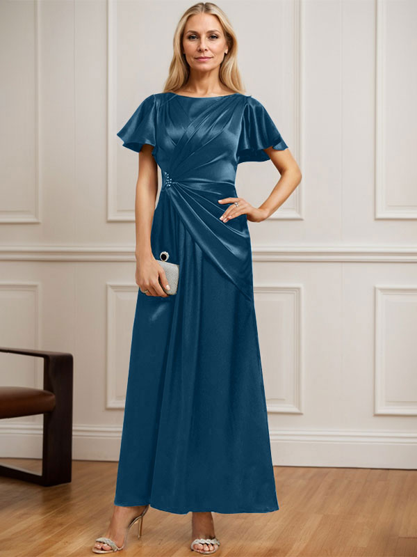Vestido de madre de la novia de satén elástico con escote redondo y largo hasta los tobillos, corte en A y cuentas plisadas 