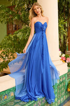 Strapless Sweetheart 3D Floral Appliqué Ruched Asymmetric Chiffon A Line Chapel Train Prom Dresses