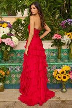 Strapless Sweetheart Crystal Embellished Ruffled High Chiffon Mermaid Chapel Train Prom Dresses