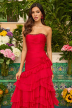 Strapless Sweetheart Crystal Embellished Ruffled High Chiffon Mermaid Chapel Train Prom Dresses