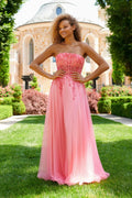 Strapless Sweetheart Lace Appliqué A-Line Tulle Prom Dresses