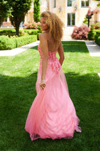 Strapless Sweetheart Lace Appliqué A-Line Tulle Prom Dresses