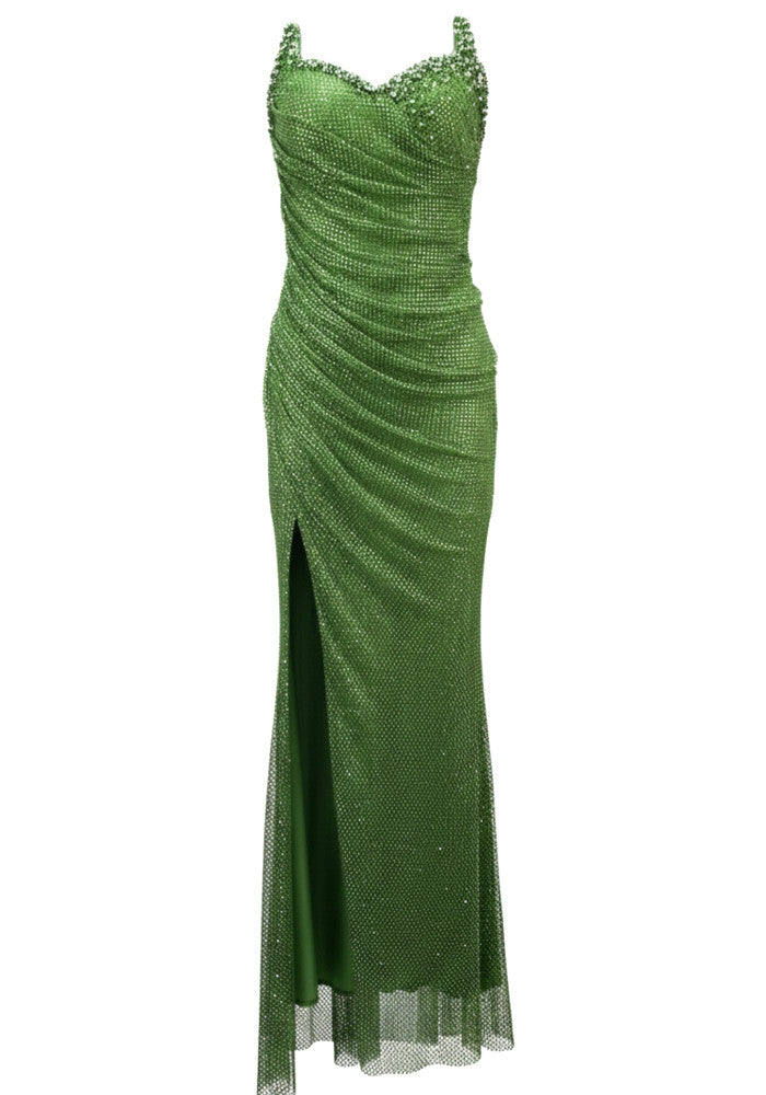 Strapless Sweetheart Emerald Beaded Mermaid Evening Dresses with Ruched Waist and Front Slit