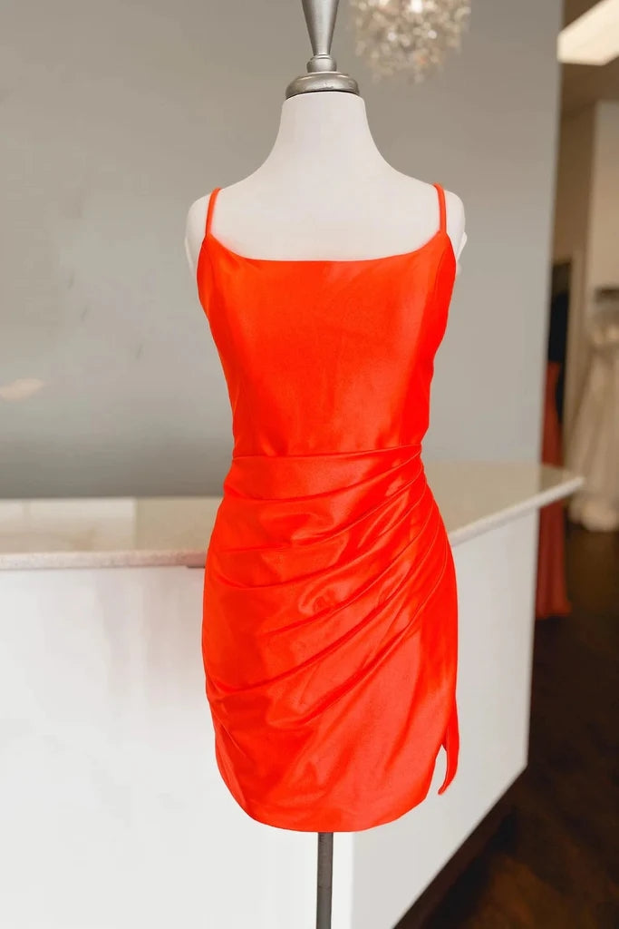 Straps Fuchsia Ruched Bodycon Tight Satin Homecoming Dress