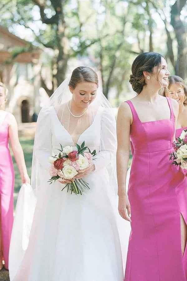 Straps Sleeveless Mermaid Bow Pink Long Bridesmaid Dress