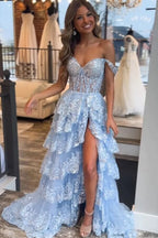 Stunning Princess Tiered Long Prom Dresses With Lace Ruffles