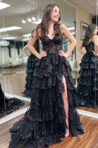 Stunning Princess Tiered Long Prom Dresses With Lace Ruffles