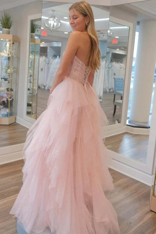 Stunning Light Pink Tulle A-line Strapless Prom Dress Evening Dresses