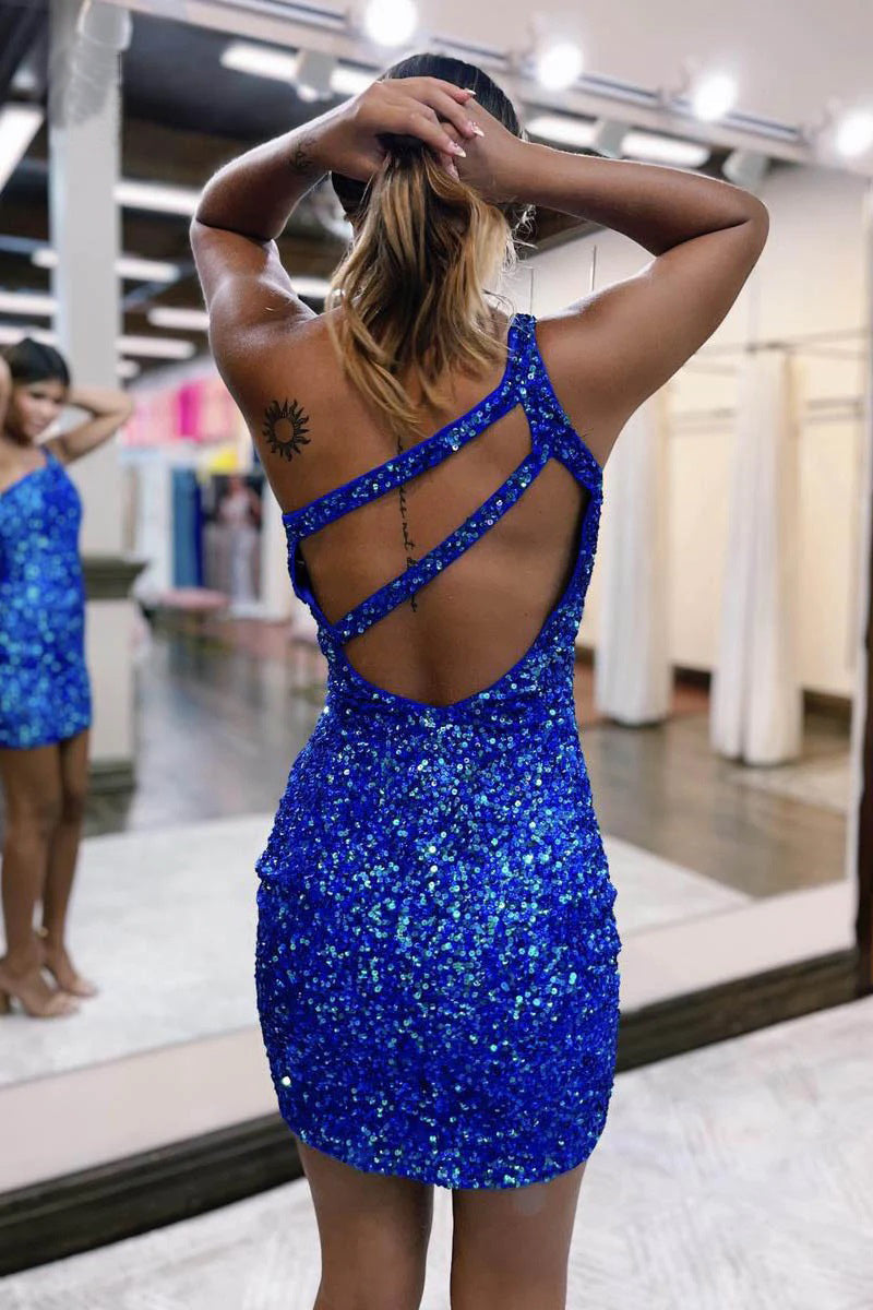 Stylish One Shoulder Sparkly Sleeveless Mini Cocktail Homecoming Dress
