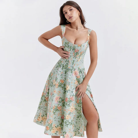 Vestido vacacional con aberturas florales azules de Suninheart