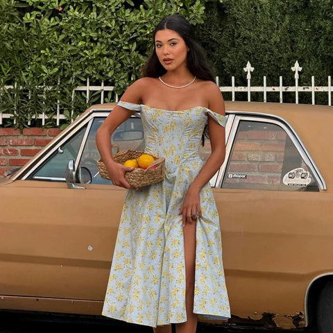 Vestido vacacional con aberturas florales azules de Suninheart