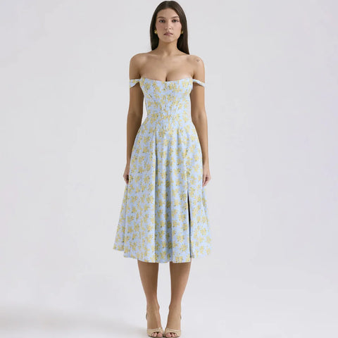 Vestido vacacional con aberturas florales azules de Suninheart