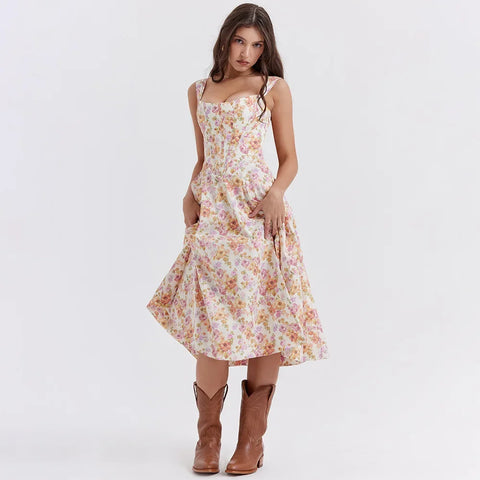 Vestido vacacional con aberturas florales azules de Suninheart