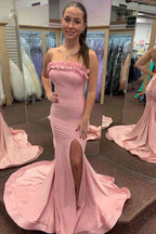 Sunshine  Strapless Ruffle Lace Up Back Satin Prom Dresses
