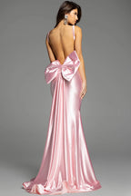 Sweetheart Neck Corset Ruffle Side Oversized Bow Back Satin Mermaid Chapel Train Prom Dresses