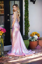 Ballkleider mit Herzausschnitt, Spaghettiträgern, Kristallperlen, Twist-Detail vorne, hohem Schlitz, schimmerndem, pinkfarbenem Metallic-Meerjungfrauen-Schleppe und Kapellenschleppe