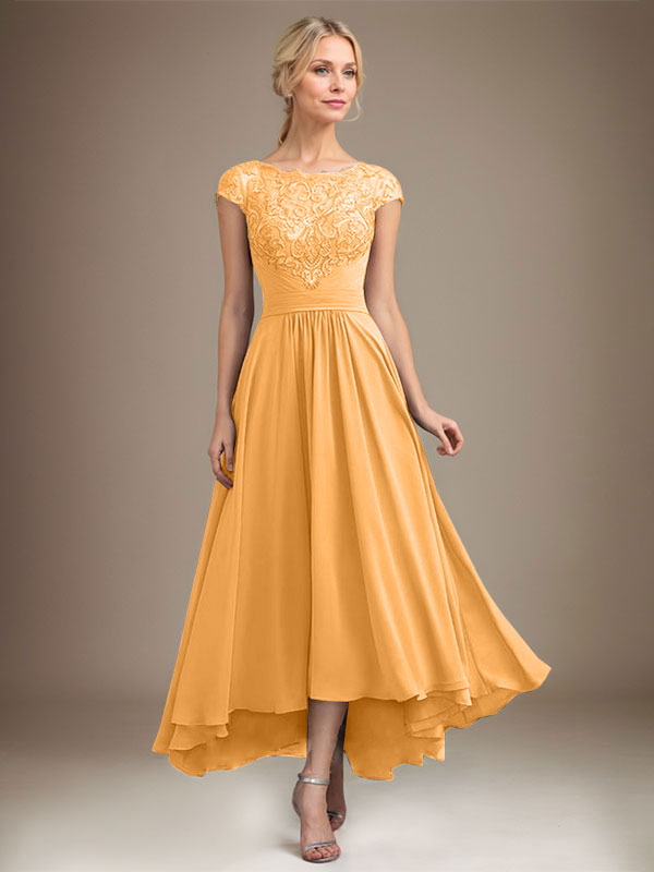 A-Linien-Kleid aus Chiffon mit asymmetrischem, plissiertem Spitzeneinsatz und Illusion-Ausschnitt für die Mutter der Braut 
