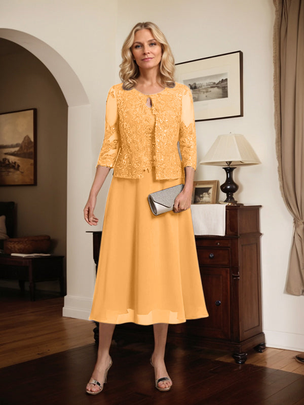 Vestido de gasa con encaje y lentejuelas para madre de la novia, corte A, escote redondo y largo hasta la rodilla 
