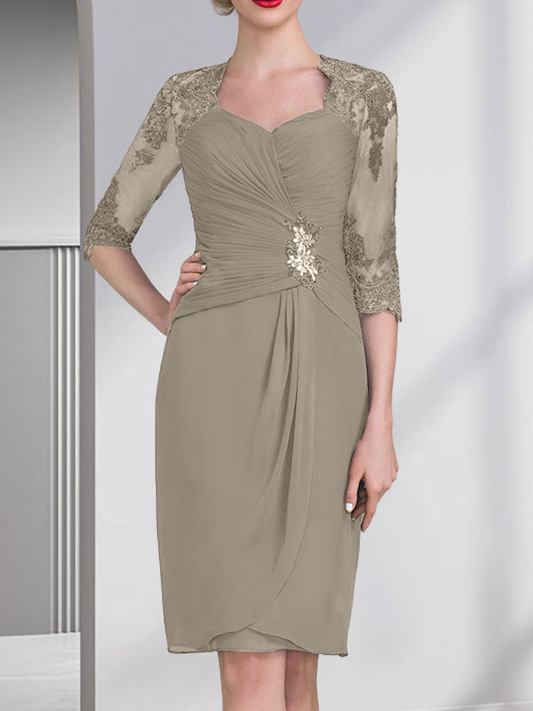 Vestido de gasa para madre de la novia, con escote en forma de corazón, largo hasta la rodilla, con apliques de cuentas, encaje y lentejuelas, plisado.
