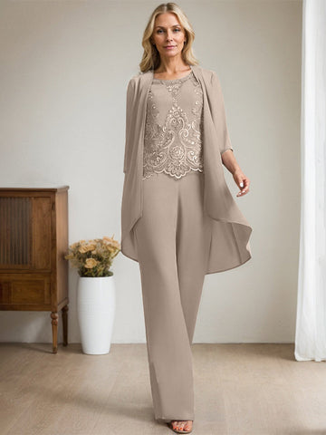 Zweiteiliges Jumpsuit-/Hosenanzug-Set, bodenlanges Chiffon-Spitzenkleid mit Perlen- und Paillettenstickerei für die Mutter der Braut 