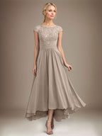 A-Linien-Kleid aus Chiffon mit asymmetrischem, plissiertem Spitzeneinsatz und Illusion-Ausschnitt für die Mutter der Braut 