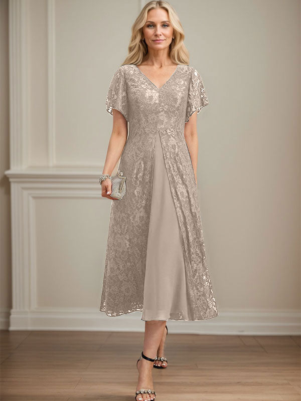 A-Linien-Kleid aus Chiffon mit V-Ausschnitt und Teelänge für die Mutter der Braut 