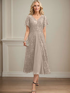 A-Linien-Kleid aus Chiffon mit V-Ausschnitt und Teelänge für die Mutter der Braut 