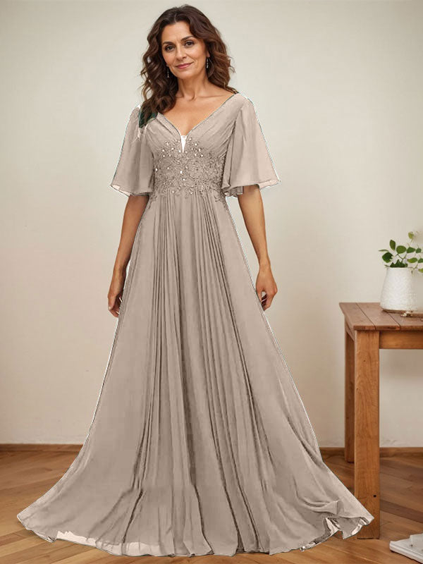 A-Linien-Kleid aus Chiffon mit V-Ausschnitt, bodenlang, mit Paillettenapplikationen, Spitze und Falten für die Mutter der Braut 