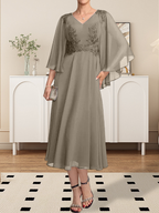 Vestido de gasa con encaje y escote en V, largo hasta la rodilla, para madre de la novia, con lentejuelas y abalorios