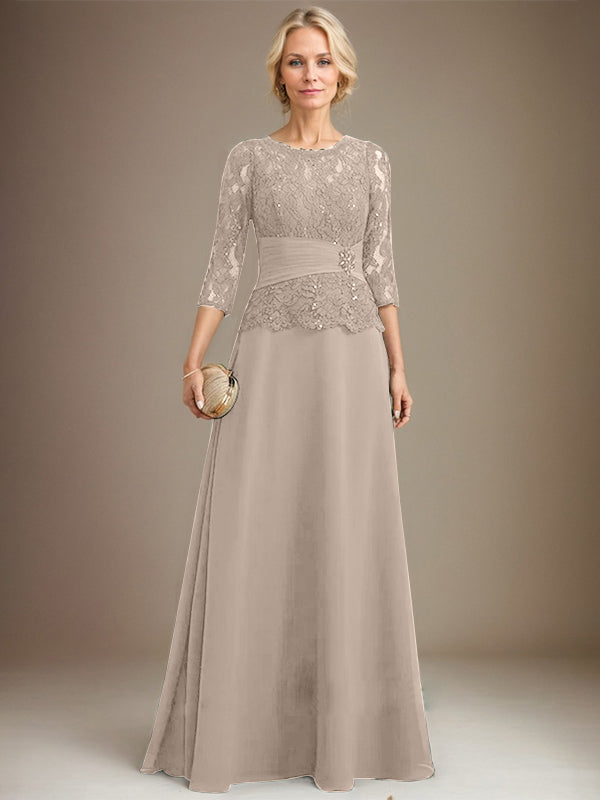 Vestido de gasa con encaje y escote en A, ilusión, largo hasta el suelo, para madre de la novia, con lentejuelas plisadas y abalorios 