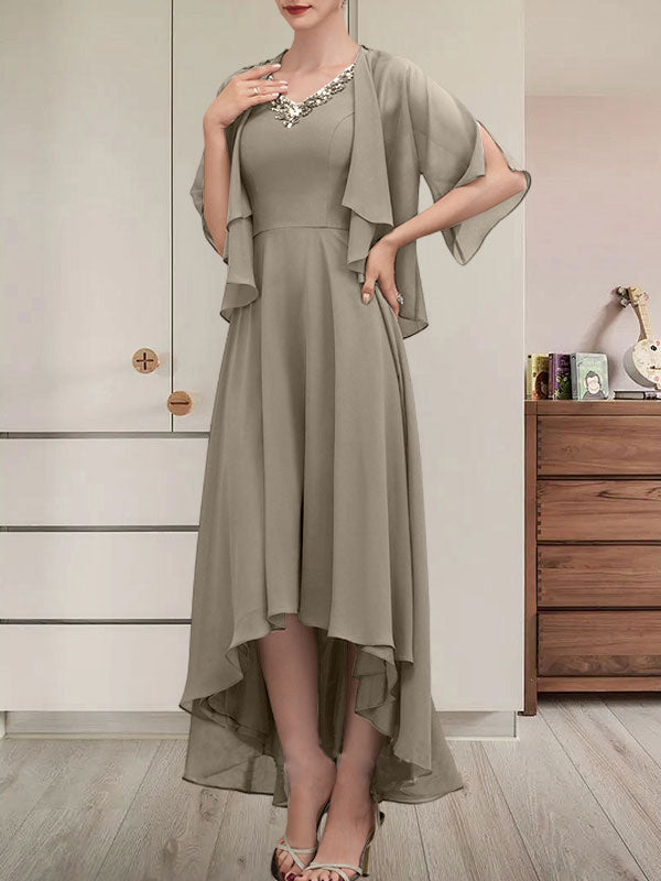 A-Linien-Kleid aus Chiffon mit V-Ausschnitt, asymmetrischem Muster und Perlen- und Paillettenbesatz für die Mutter der Braut