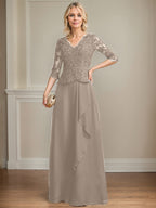 A-Linien-Kleid aus Chiffon mit V-Ausschnitt, bodenlang, mit Spitze, Kaskadenrüschen und Pailletten für die Mutter der Braut 