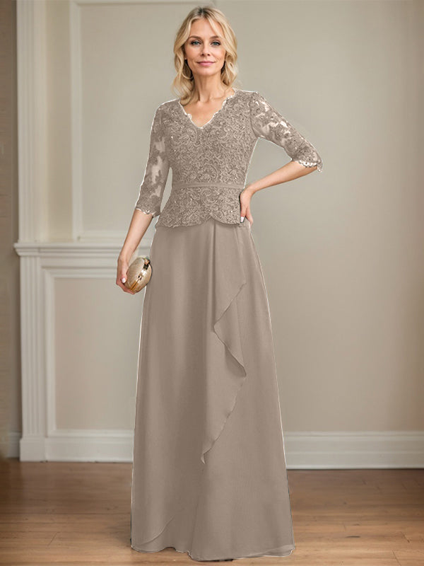 Vestido de gasa con encaje y escote en V hasta el suelo para madre de la novia con volantes en cascada y lentejuelas 
