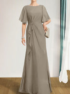 A-Linien-Kleid aus Chiffon in Bodenlänge für die Mutter der Braut mit kaskadenartigen Rüschen, Perlen und Pailletten