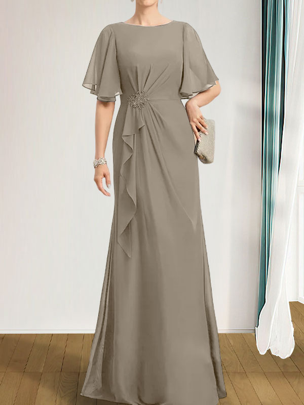 Vestido de gasa para madre de la novia, corte A, escote redondo, largo hasta el suelo, con volantes en cascada, cuentas y lentejuelas