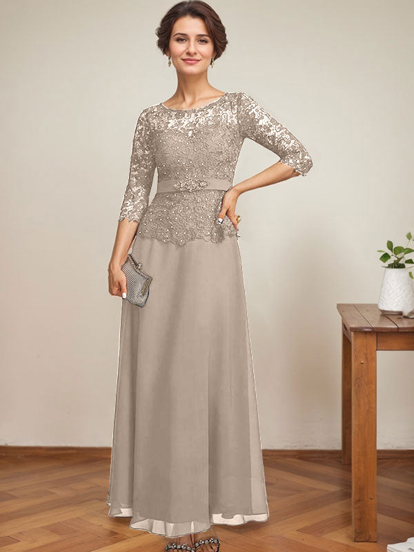 A-Linien-Kleid mit U-Boot-Ausschnitt, Illusion-Detail, knöchellang, aus Chiffon und Spitze mit Strassperlen für die Mutter der Braut. 