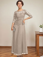 A-Linien-Kleid mit U-Boot-Ausschnitt, Illusion-Detail, knöchellang, aus Chiffon und Spitze mit Strassperlen für die Mutter der Braut. 