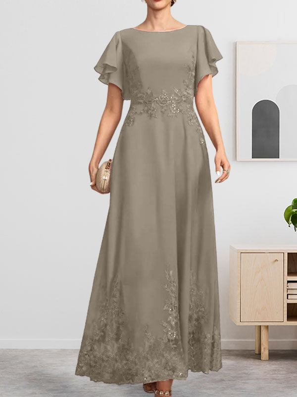 A-Linien-Kleid mit Rundhalsausschnitt, knöchellang, aus Spitze und Chiffon, mit Pailletten besetzt