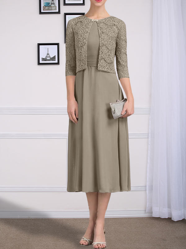Vestido de gasa para madre de la novia, corte A, escote redondo, largo hasta la rodilla, con pliegues