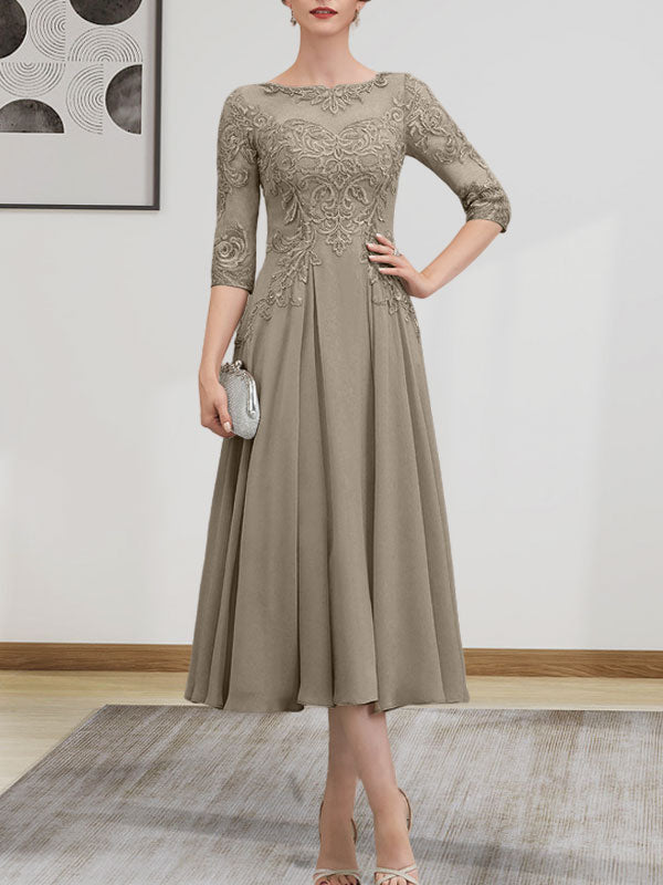 A-Linien-Kleid mit U-Boot-Ausschnitt, Illusion-Detail, Teelänge, Chiffonspitze, Perlenstickerei und Pailletten für die Mutter der Braut