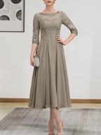 A-Linien-Kleid mit U-Boot-Ausschnitt, Illusion-Detail, Teelänge, Chiffonspitze, Perlenstickerei und Pailletten für die Mutter der Braut