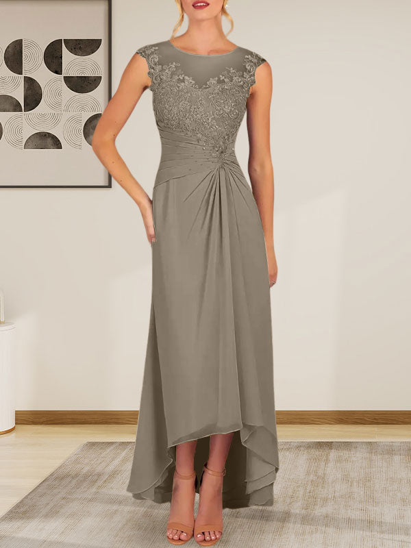 Champagnerfarbenes A-Linien-Chiffonkleid mit Rundhalsausschnitt und Spitze