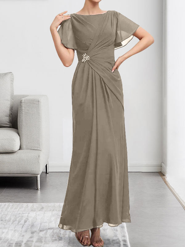 Vestido de gasa para madre de la novia, corte A, escote redondo, largo hasta los tobillos, con cuentas y pliegues