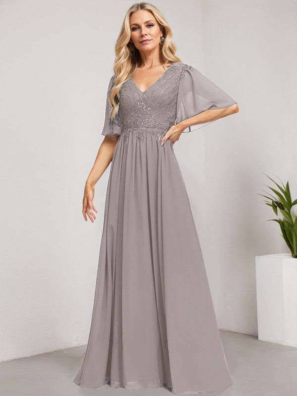 A-Linien-Kleid aus Chiffon mit V-Ausschnitt, bodenlang, mit Pailletten besetzt – ideal für die Mutter der Braut 