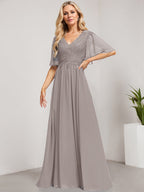 A-Linien-Kleid aus Chiffon mit V-Ausschnitt, bodenlang, mit Pailletten besetzt – ideal für die Mutter der Braut 