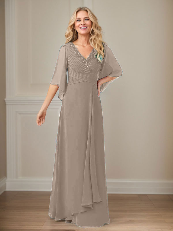 Langes Pailletten-Chiffon-Kleid in A-Linie mit V-Ausschnitt für die Mutter